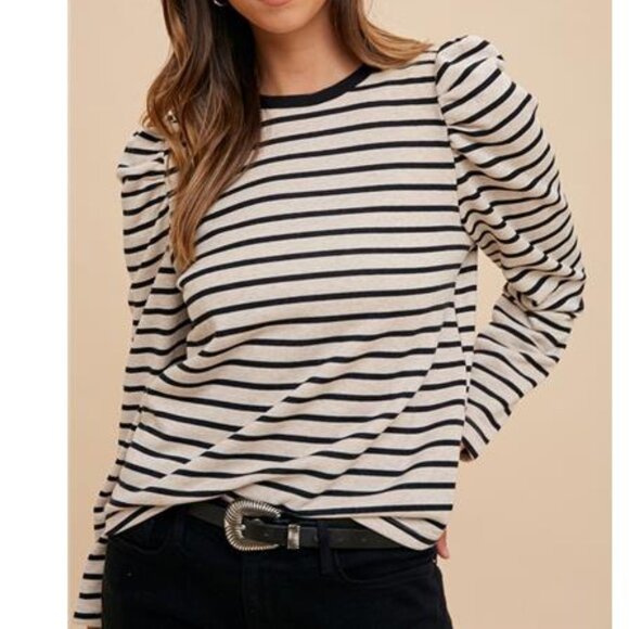 NEW Annie Wear Striped Round Neck Puff Sleeve French Terry Top, Long Sleeve Top - Picture 3 of 4